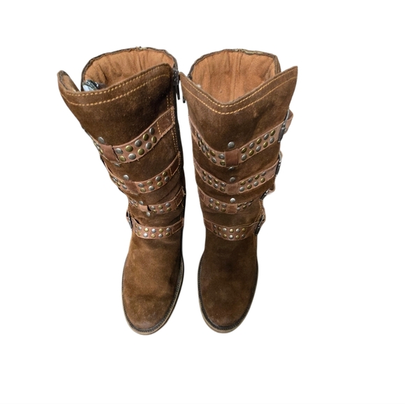 Studded Buckle Moto Boots Brown Suede Leather Mid-Calf Chunky Heel EU 41 - Picture 2 of 11